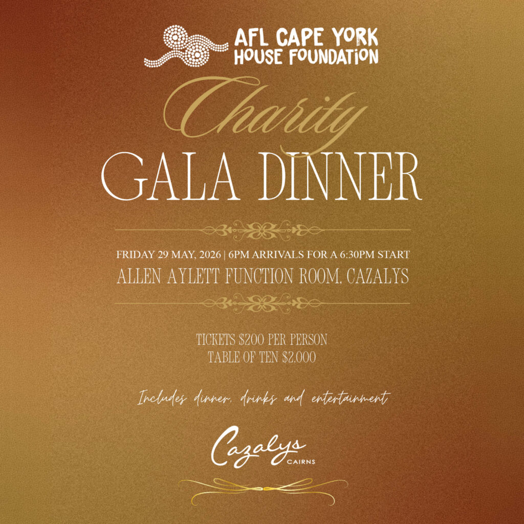 Event poster for AFL Cape York House Foundation with 'Charity Gala Dinner' in elegant script on a bronze-gold gradient background.